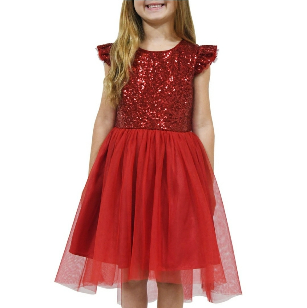 Zunie Red sequin velvet tulle hi-low flower girl flutter sleeve dress gown 10 12